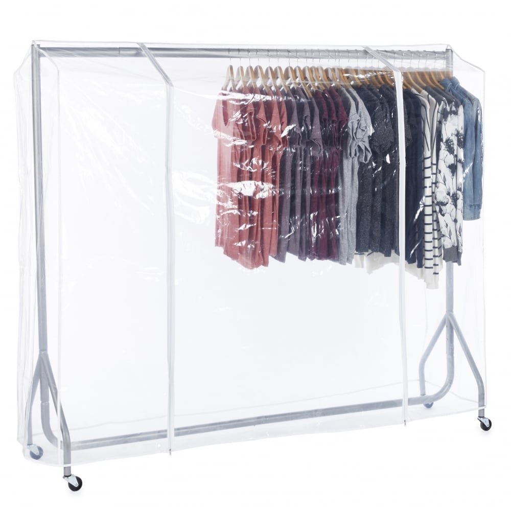 Shopfitting Warehouse Silver Heavy-Duty Clothes Rail with Clear Cover 6ft wide