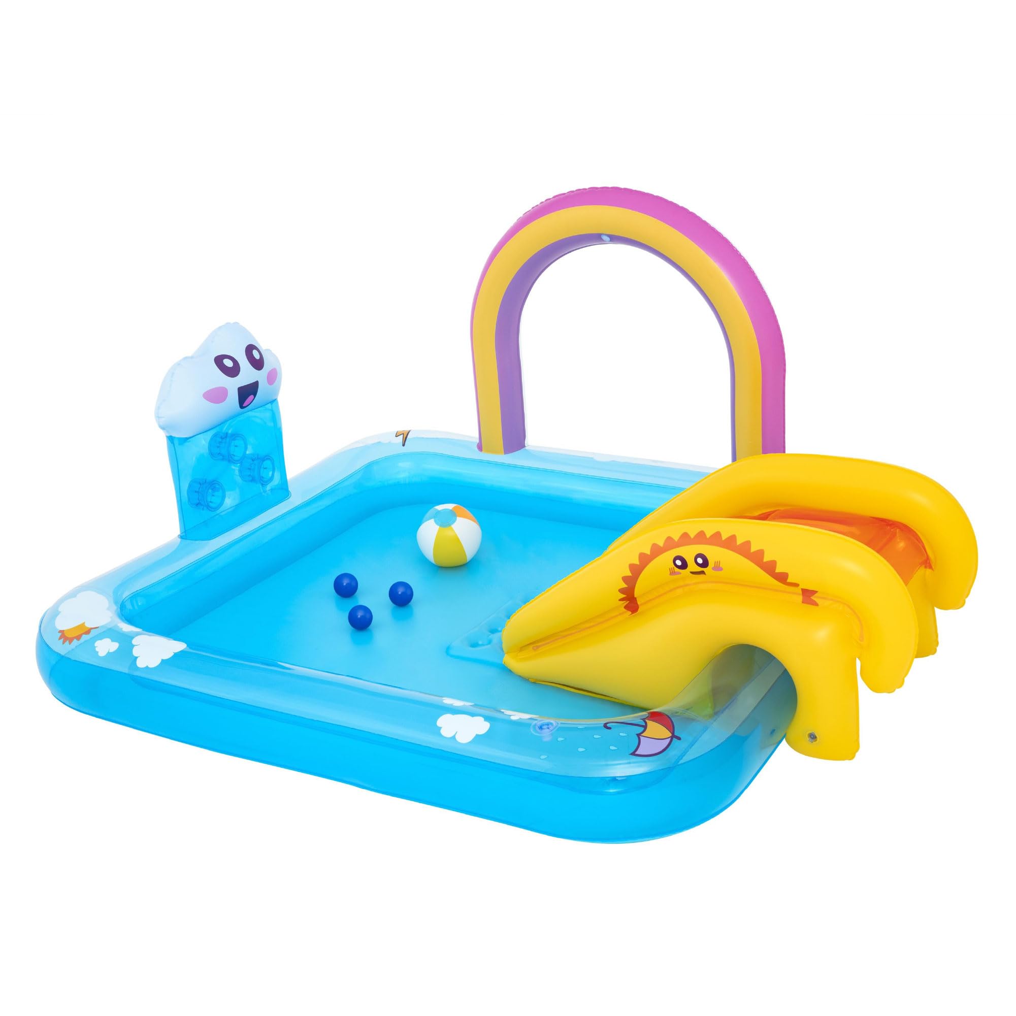 Bestway Wasserspielcenter Regenbogen 188x150x89 cm – Aufblasbarer Kinderpool mit Wasserrutsche & Sprinkler, Planschbecken 189 L, Robustes PVC, ab 2 Jahren, für 3 Kinder Sommer Garten
