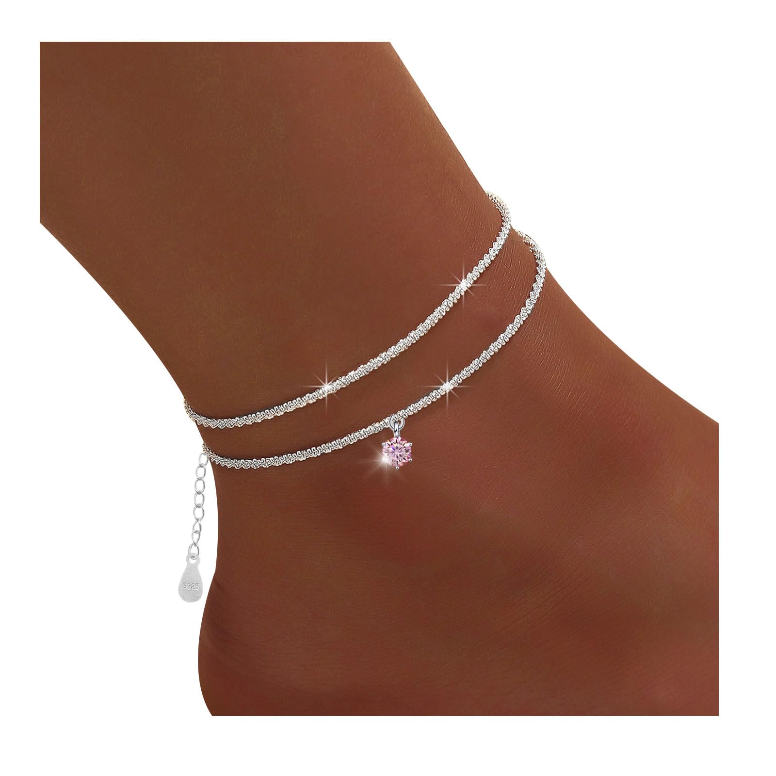 GGXDH 925 Silber Fußkettchen für Damen, Verstellbar Wasserdicht Doppelte Fußkette Mit Rosa Zirkonia Anhänger, Eleganter und Funkelnder Strand Fussketten Schmuck für den Knöchel (Mit Rosa Zirkonia)