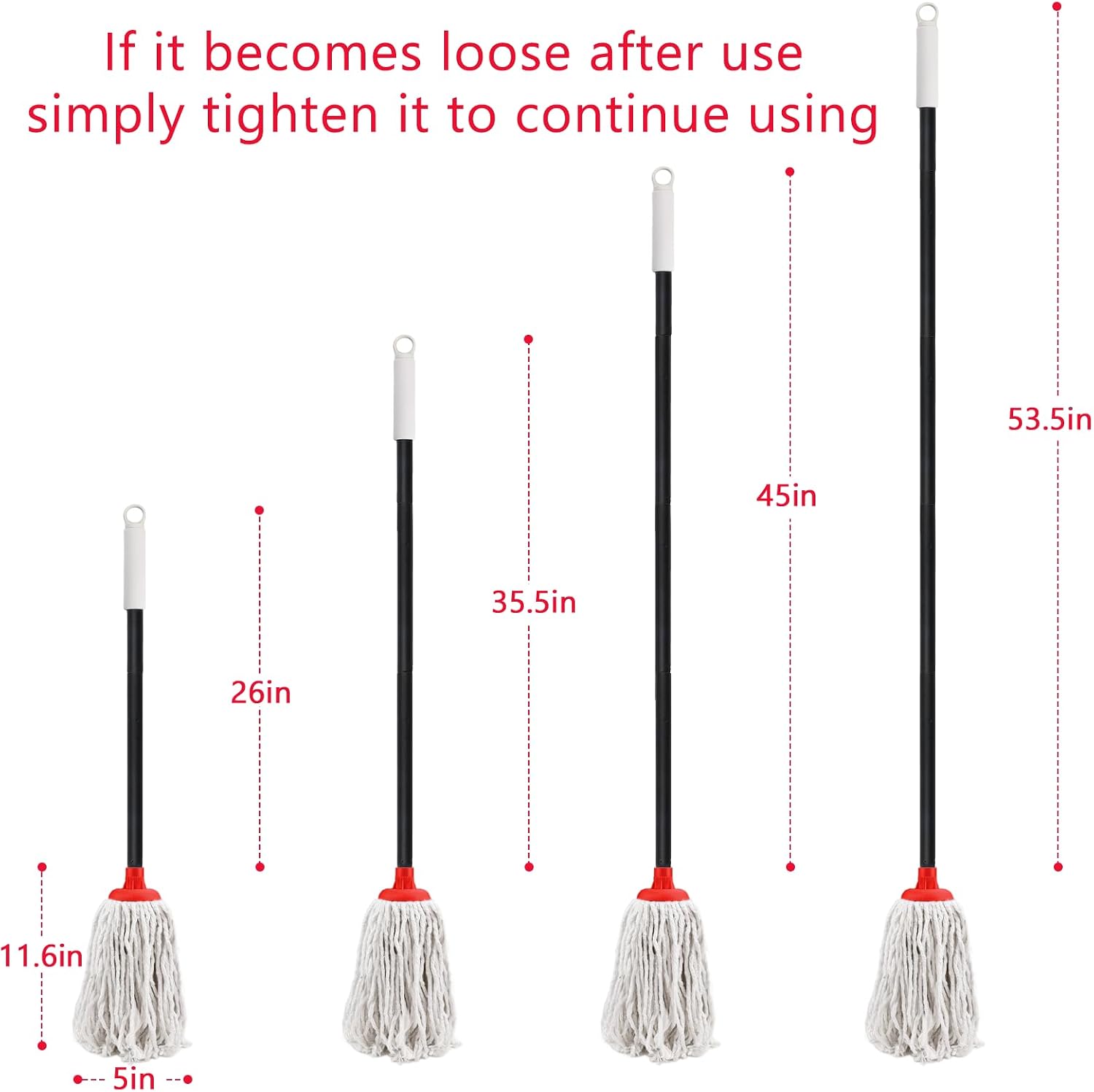 Indoor Cotton Mops for Floor Cleaning, 53" Long Handle Cotton Mop, Cleaning Mops for Tiles and Hardwood Floor, Household Mop for Kitchen, Bathroom, Garage, Tile & Hardwood Floors（Red White）