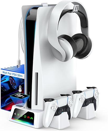 YOGES Soporte y estación de refrigeración para PS5 con sensor de temperatura (fácil de usar), 2H Fast PS5 estación de carga de doble controlador,