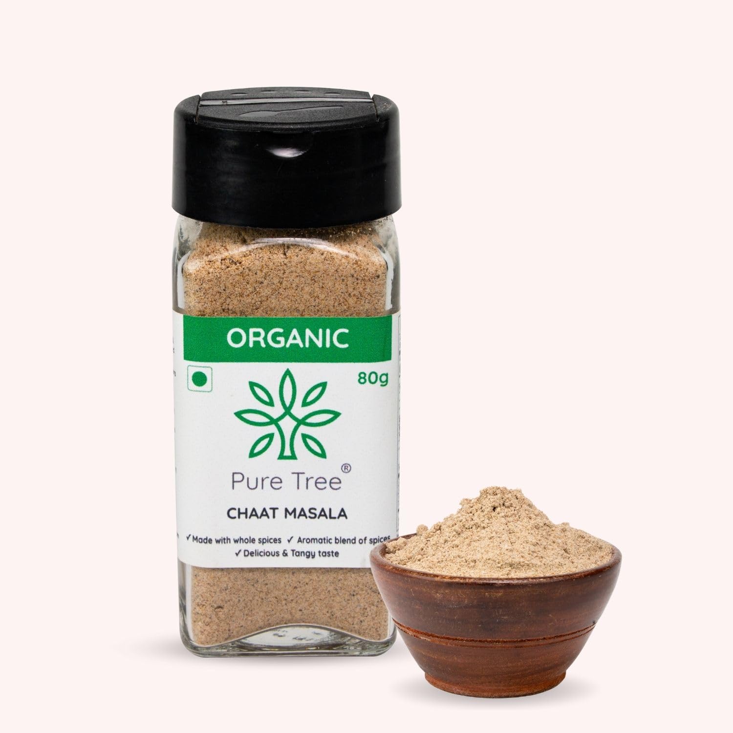 Pure Tree Certified Organic Chaat Masala Powder | 80 g | Glass Jar | Salad, Raita Masala | Indian Masala | Flavorful Spice Blend | Chat Masala