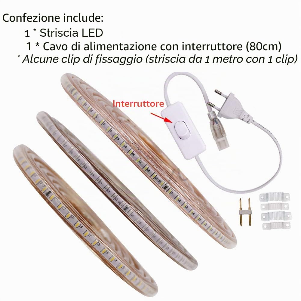 XUNATA Bianco Strisce LED con Interruttore e Alimentatore 220V, 3014 120LED/m, IP65 Impermeabile, Flessibile Striscia a LED per Scaletta Tetto Cavi da Cucina Decorazione- 25m