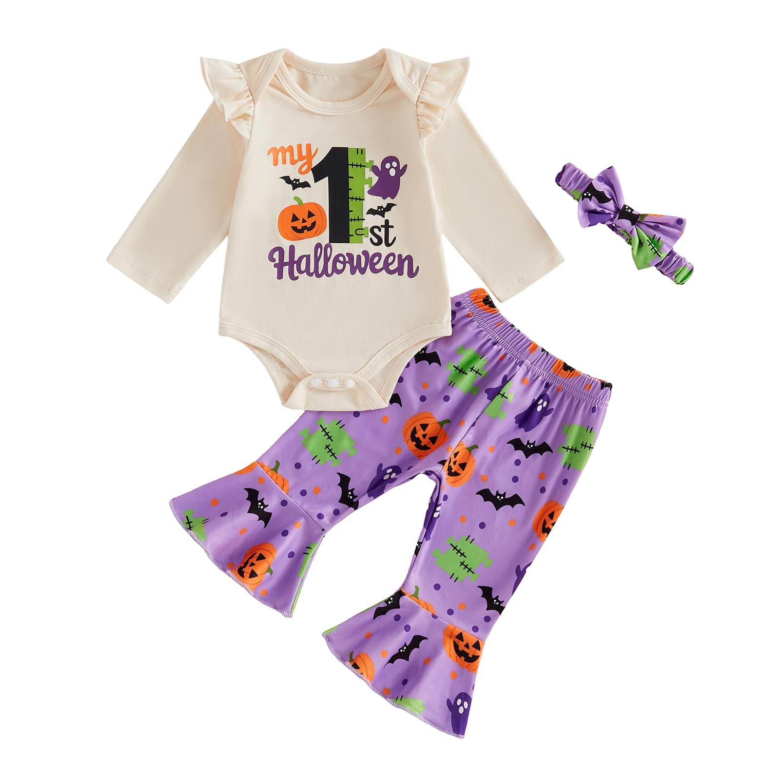 Muspeczenith Baby Girls Halloween Outfits Ghost Pumpkin Romper Pants Headband 3Pcs Set (Purple, 6-12 Months)