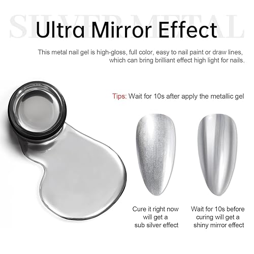 Miniatura 5 de RARJSM Esmalte de uñas de gel de pintura metalizada, cromo plateado, 3D, esmalte de gel de dibujo pintado con metal, 0.3 fl oz, efecto espejo