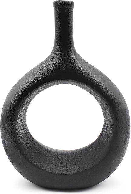 Winsterch Black Donut Ceramic Vase for Flowers Pampas Grass ,Modern Decor Vase for Bedroom,Living Room,Office Table,Black Round Doughnut Matte Vase (Black,24 x16 cm))