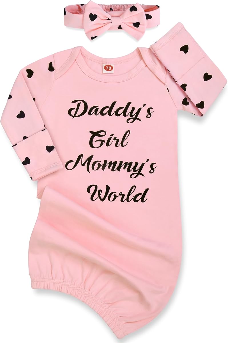 Mikccer Baby Gowns Girl, Soft Newborn Nightgown Infant Outfit with Headband | Infant Pajamas with Folding Gloves,Soft Cotton Coming Home Outfit,Baby Shower for Girl,Easy Diaper Changing