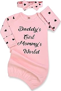 Mikccer Newborn Girl Baby Nightgown, Long Sleeve Baby Gowns with Mittens & Headband, Going Home Outfit Newborns Girl with Open Bottom, Easy to Change Diapers 0-6 Months Pink Heart