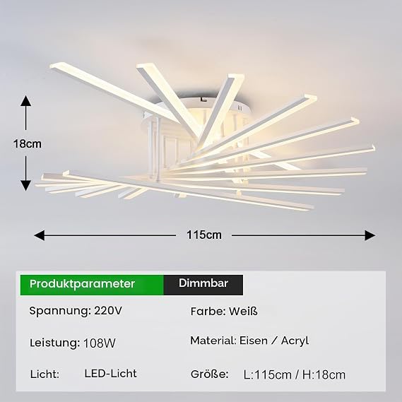 LED Ceiling Light Modern Dimmable Ceiling Lights Decorative Ceiling Lights Multi-Head Ceiling Lamp with Remote Control Suitable for Living Room Bedroom Dining Room Kitchen 9 Light Strips White [Energy Class F]