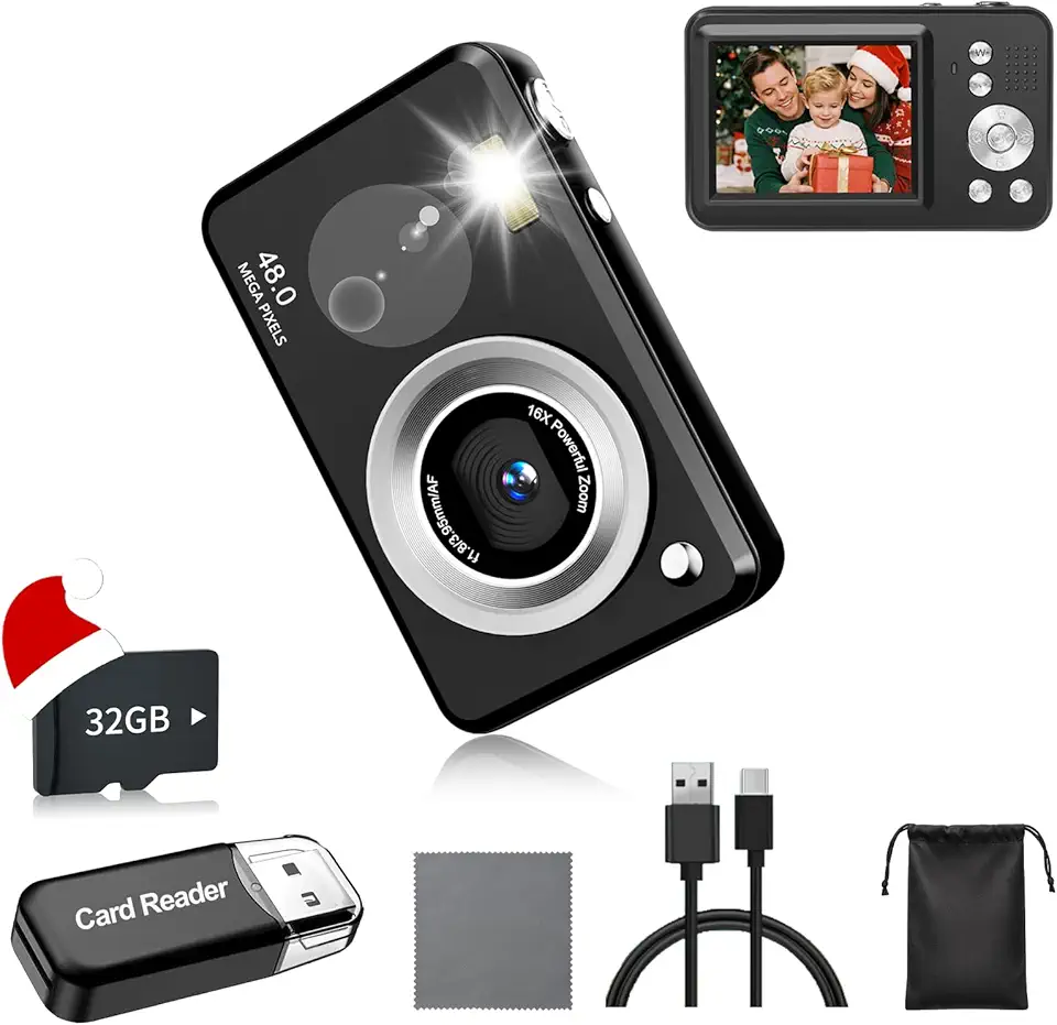 Câmera digital, câmera FHD com cartão de 32 GB, cordão, zoom antivibração de 16x, câmera compacta portátil de 48 MP para crianças e adolescentes (preto-1080P)