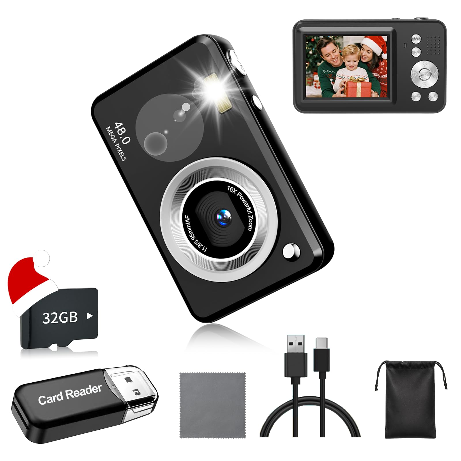 Digital Camera, FHD Camera with 32GB Card, Lanyard, 16X Zoom Anti Shake, 48MP Compact Portable Small Point Shoot Camera Gift for Student Children Teen（Black-1080P）-image-45