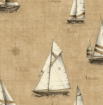 Wallpaper Nautical Cream Brown Gray Sailing Ships on Tan Map , 56 Sq Ft Bolt, by Wallquest