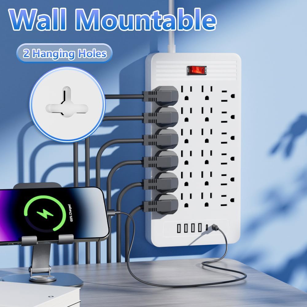 24 Outlets Surge Protector Power Strip - 10 Feet Flat Plug Extension Cord with 24 Widely Outlets and 4 USB Ports, 2 USB C Ports,Portable Outlet Extender, Wall Mountable for Home Office Dorm Room,Black