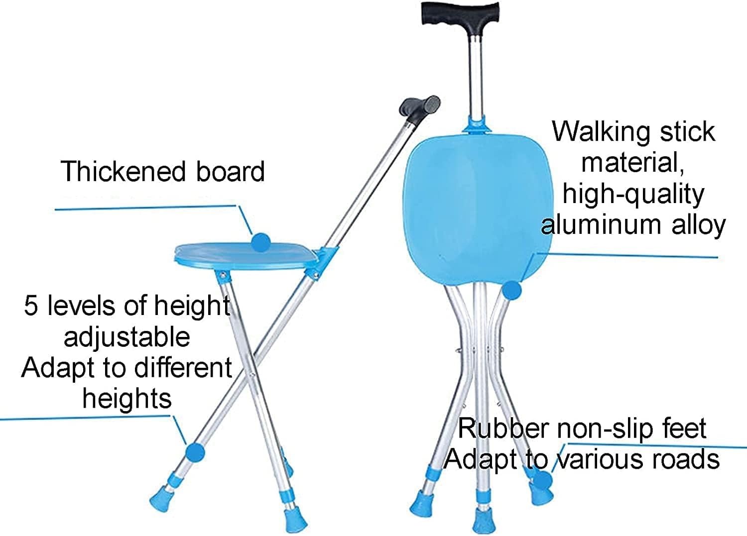 Taburete Plegable para Muletas Bastón para Trípode Bastón Ortopédico Ajustable A La Altura Ayuda para Caminar Silla Asiento Muleta Adecuado para La Pesca El Senderismo