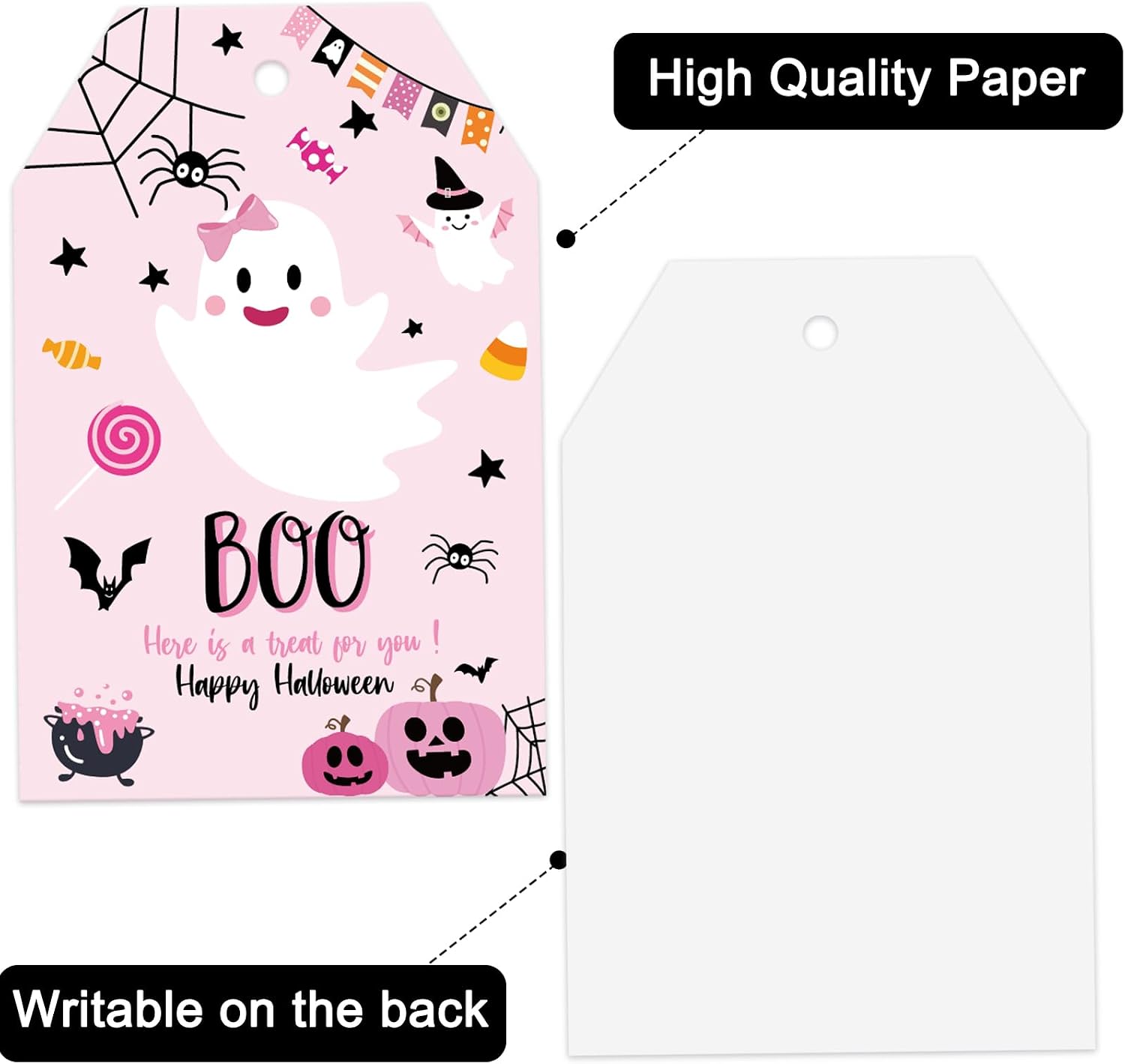 Whaline 100Pcs Halloween Paper Gift Tags Pink Boo Ghost Pumpkin Hanging Name Tag with Rope Spooky Label Tags for Trick or Treat Party Favor Decoration Supplies image 3