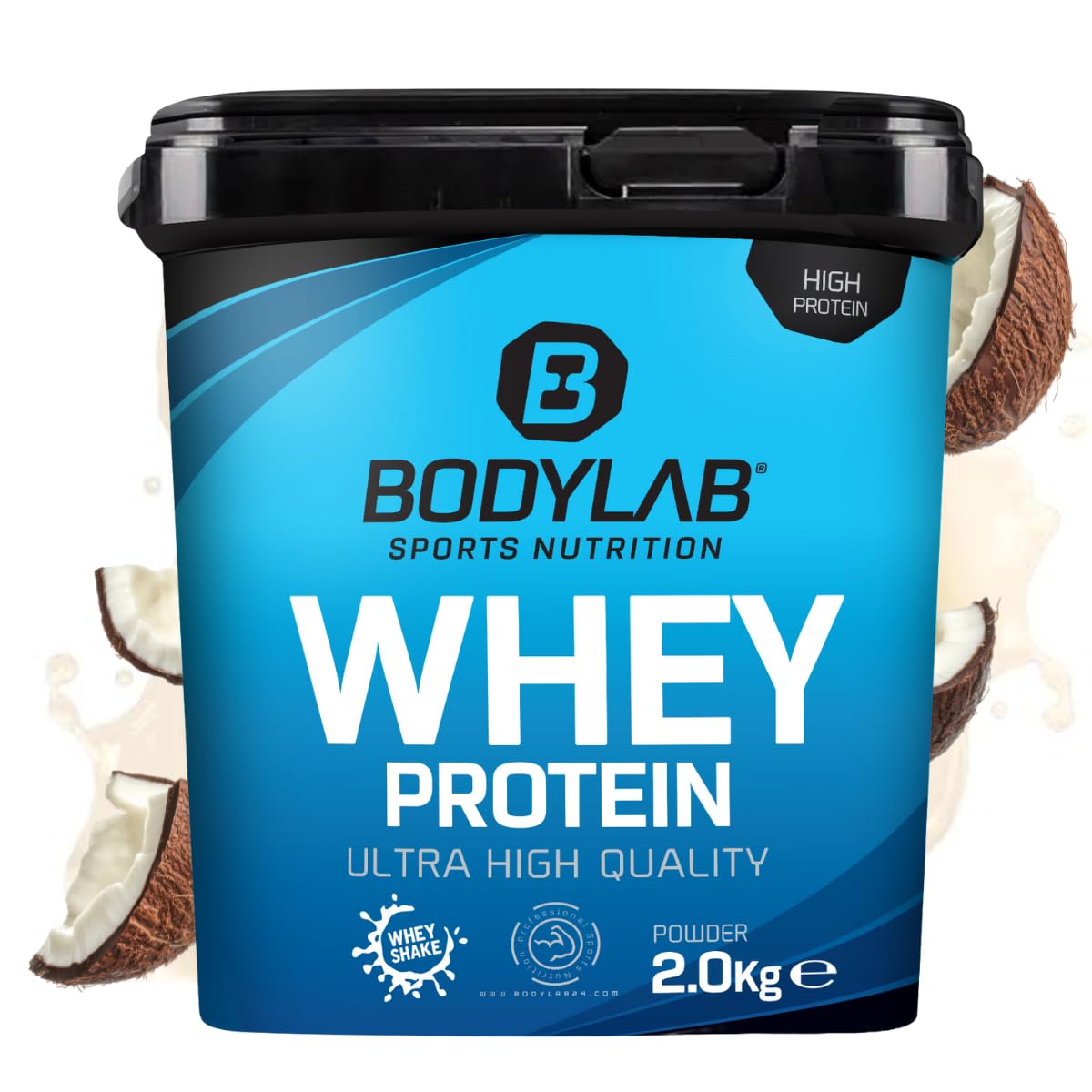 Proteinowy proszek Bodylab24 Whey Protein orzech kokosowy 2kg / kokos Proteinowy Shaker do sportów siłowych i fitness / proszek Whey może wspierać budowę mięśni/ proszek białkowy z 80% białkiem / bez aspartamu