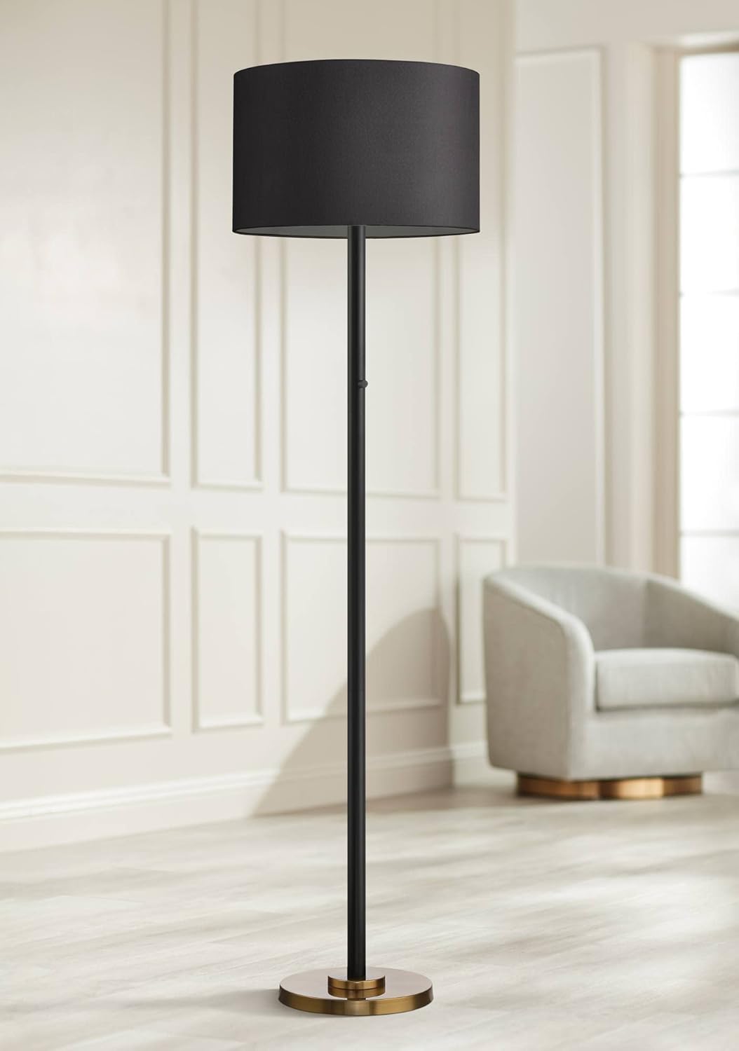 Possini Euro Design Meridian Modern 72" Tall Floor Lamp Standing Black Metal Light Blaster LED Fabric Drum Shade for Living Room Family Bedroom Office House Home