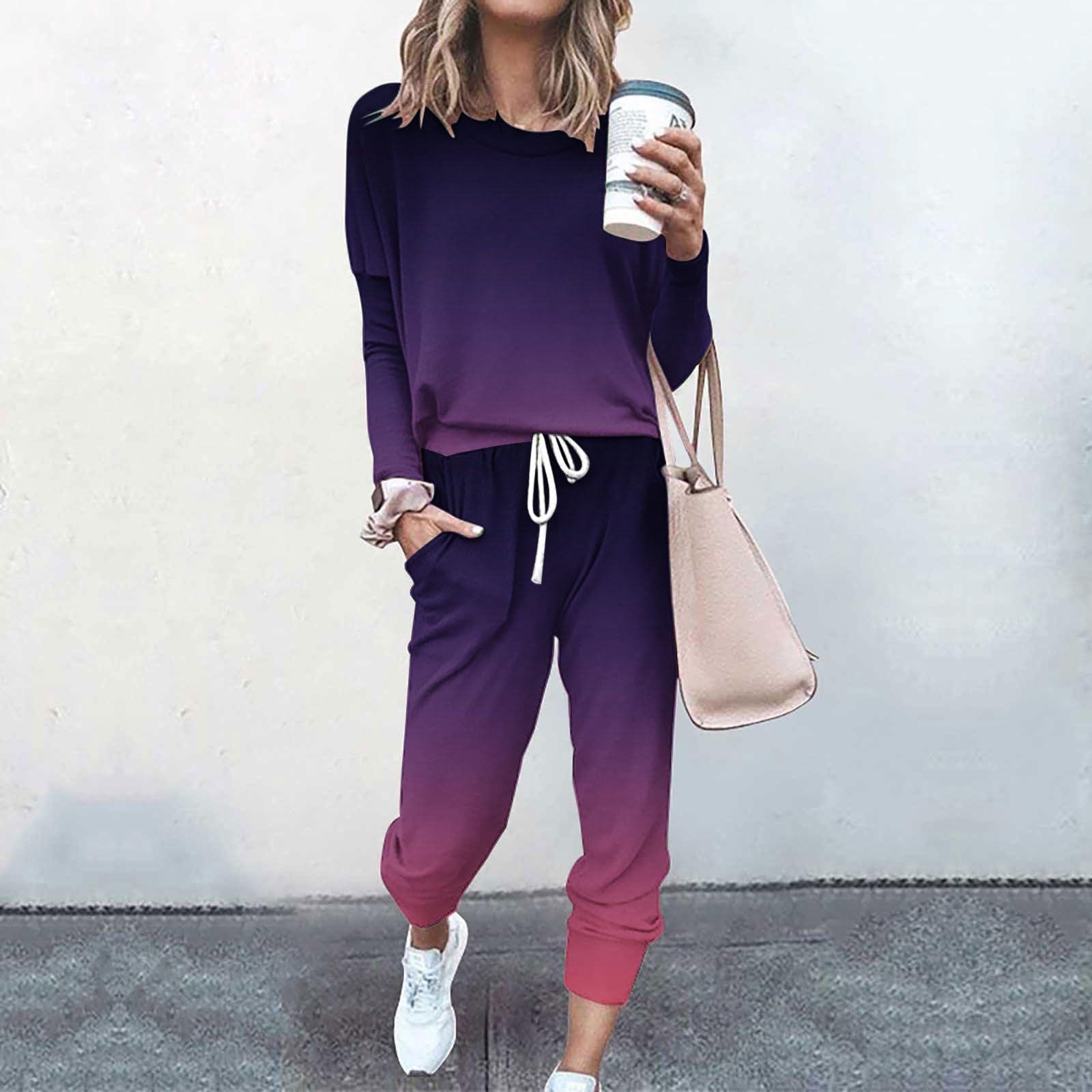 Conjunto Deportivo Mujer,Chandal Mujer Completo de 2 Piezas Moda Degradado Traje de Camiseta de Manga Larga Cuello Redondo y Pantalón Holgado con Cordón y Bolsillos Casual Conjundo Jogger Mujer