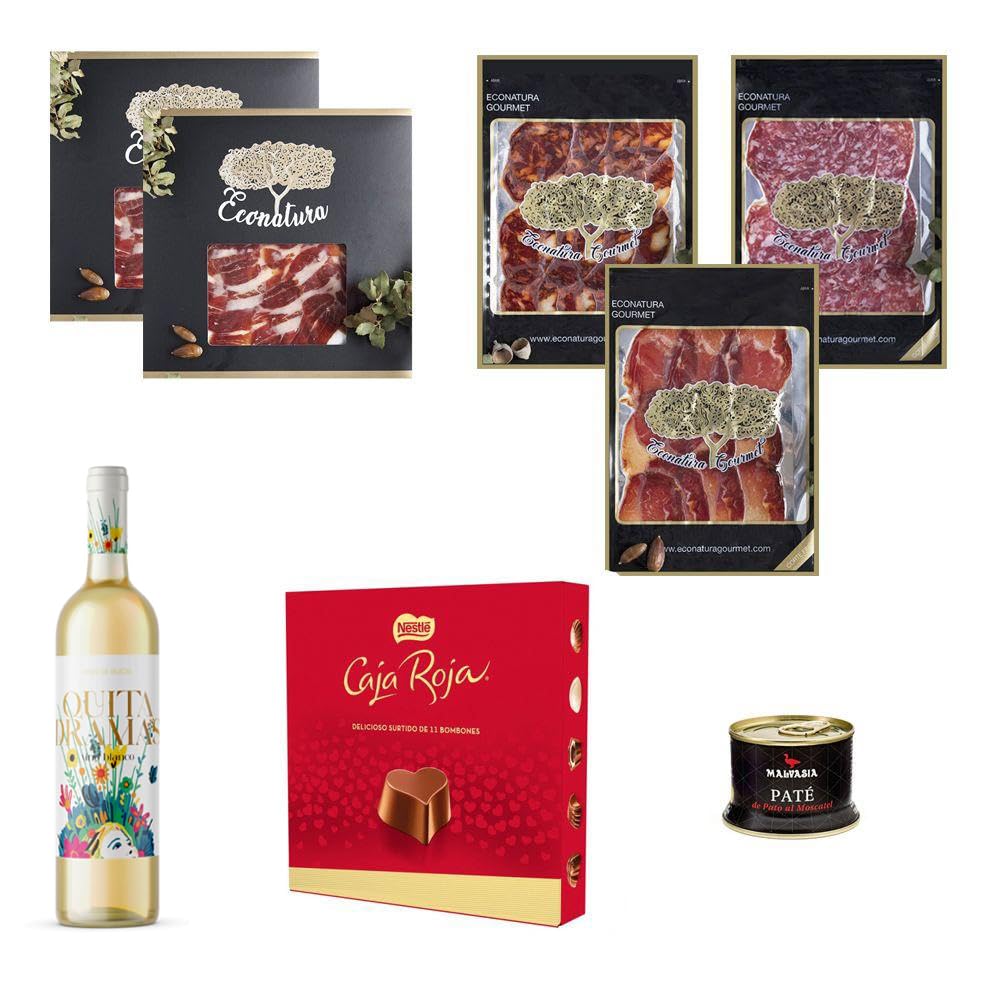Cesta Gourmet para regalar. Jamón Ibérico Cebo, Salchichón Ibérico, Chorizo Ibérico, Lomo Ibérico, Pate de Pato y Bombones Nestlé Caja Roja. Cesta gourmet para regalar con bombones.