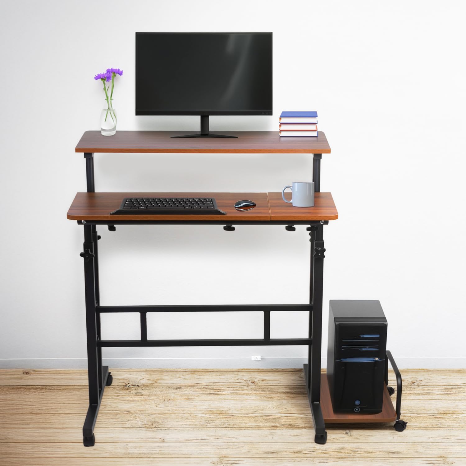 Scrivania mobile regolabile Maclean MC-124 con ruote, piano inclinabile 80x60 cm, altezza regolabile 67-115 cm, capacità di 50 kg, vassoio laterale dal design ergonomico, casa, ufficio, studio (Nero)