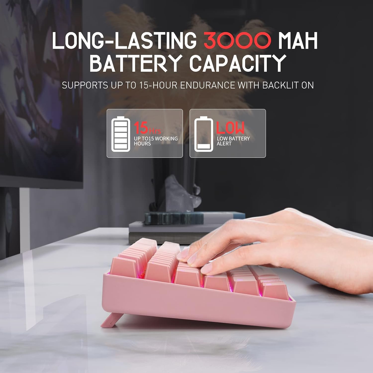 HUO JI Wireless RGB Mechanical Keyboard，Bluetooth/2.4Ghz/Wired Z-88 Gaming Keyboard with Clicky Blue Switches RGB LED Backlit 81 Keys Compact for Mac, PC, Pink