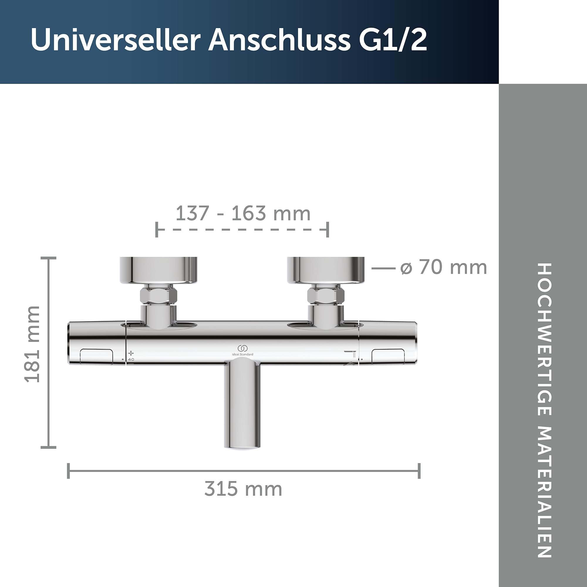 Ideal Standard Alero Badethermostat Aufputz, Auslaufhöhe 163 mm – Chrom | Wassersparend, Verbrühschutz, universeller G-1/2-Anschluss, hochwertige Badarmatur, A8576AA