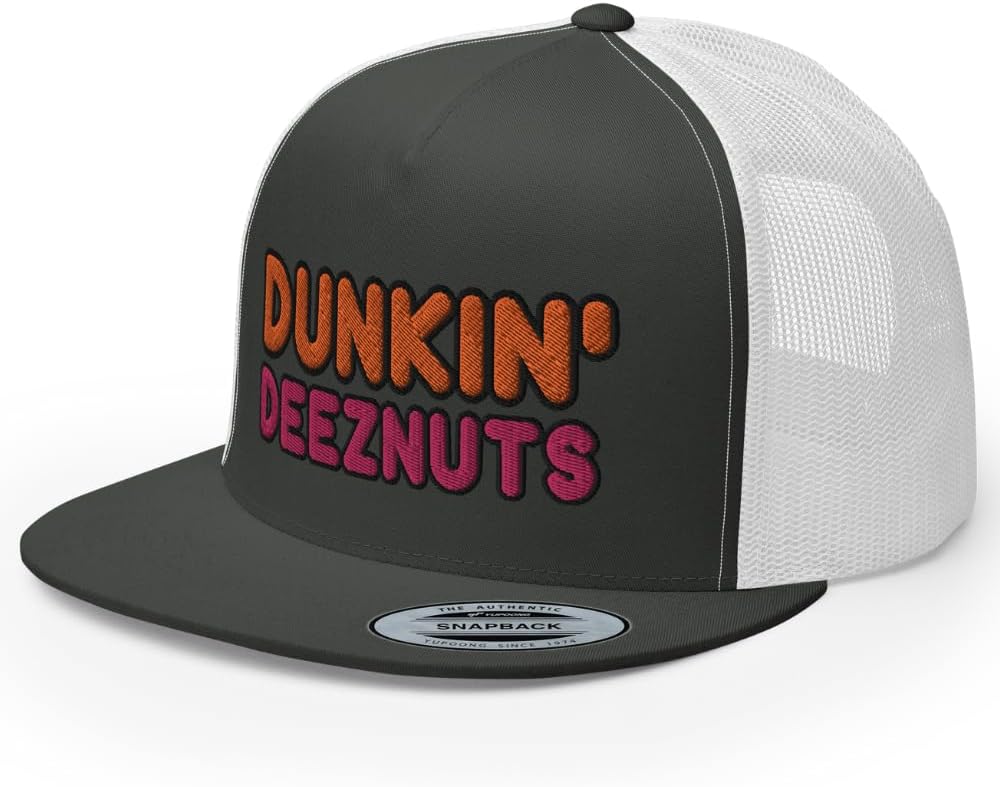Dunkin Deez Nuts Trucker Hat Flat Bill High Crown Adjustable Funny Party Drinking Cap
