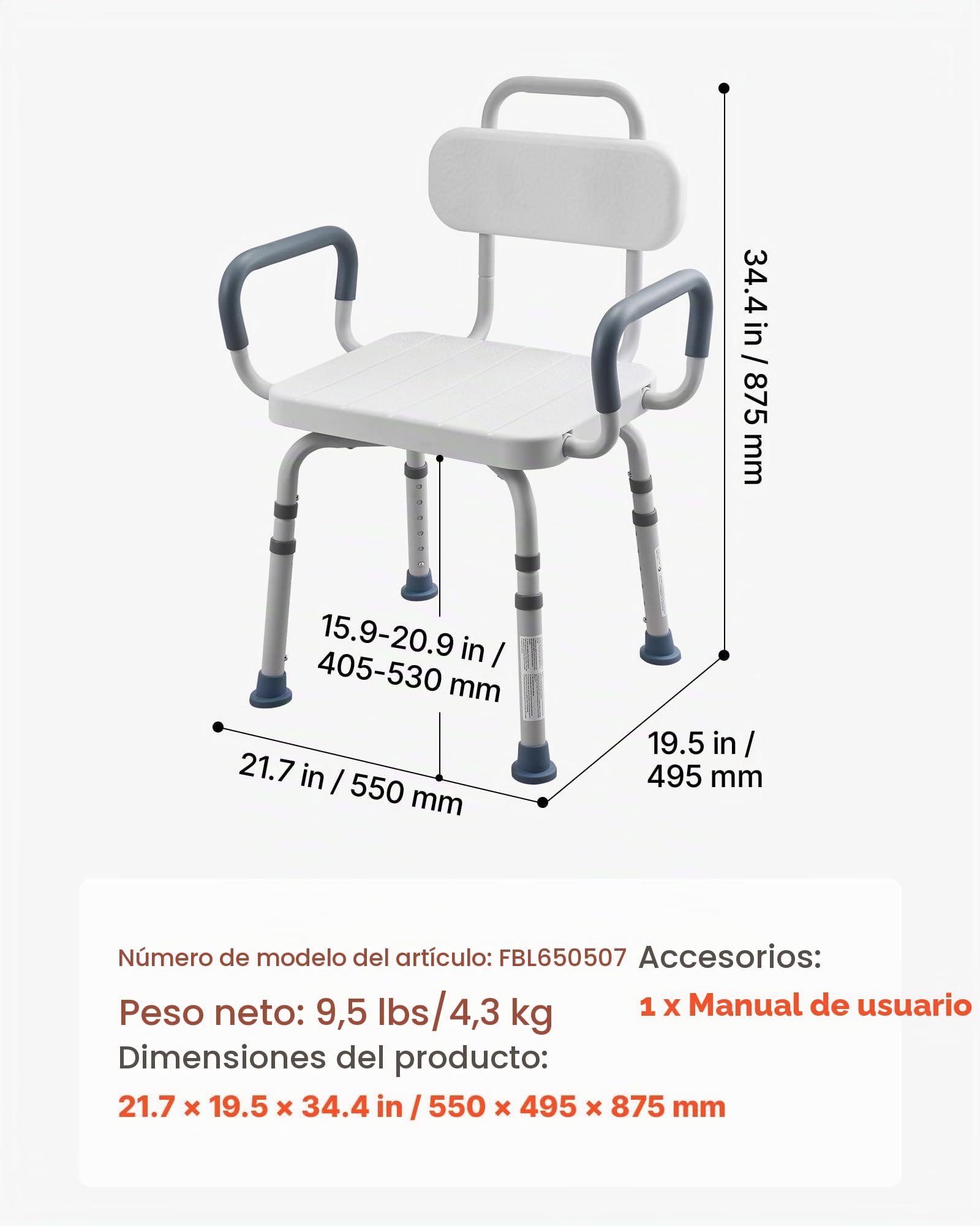 VEVOR Silla de Bañera con Asiento Giratorio, Brazos y Respaldo, Carga de 180 kg, Altura Ajustable de 405 a 530 mm, Asiento de Bañera para Adultos, Personas Mayores, Personas con Discapacidad