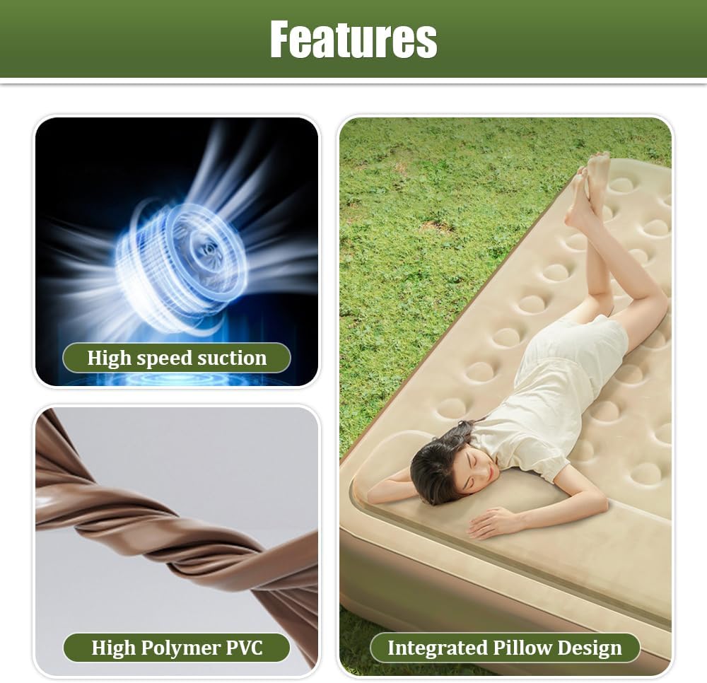 YUEWO Air Mattress, Air Bed Camping, Waterproof Flocked Inflatable Mattress Single with Pillow with Built-in Pump 1 Mins Inflation/Deflation for Home, Camping & Guests (200cm/79in)