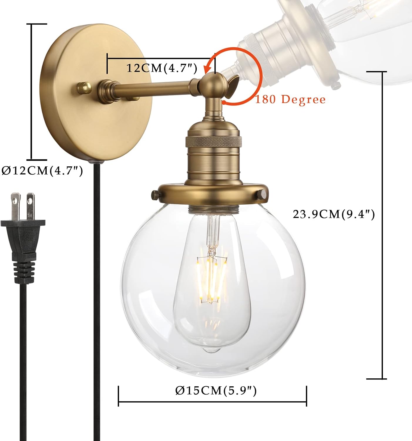 Phansthy Wall Sconce with Switch Antique Bronze Bathroom Light Fixture with 5.9 Inches Globe Glass Light Shade (Antique Gold, Globe Glass Shade)
