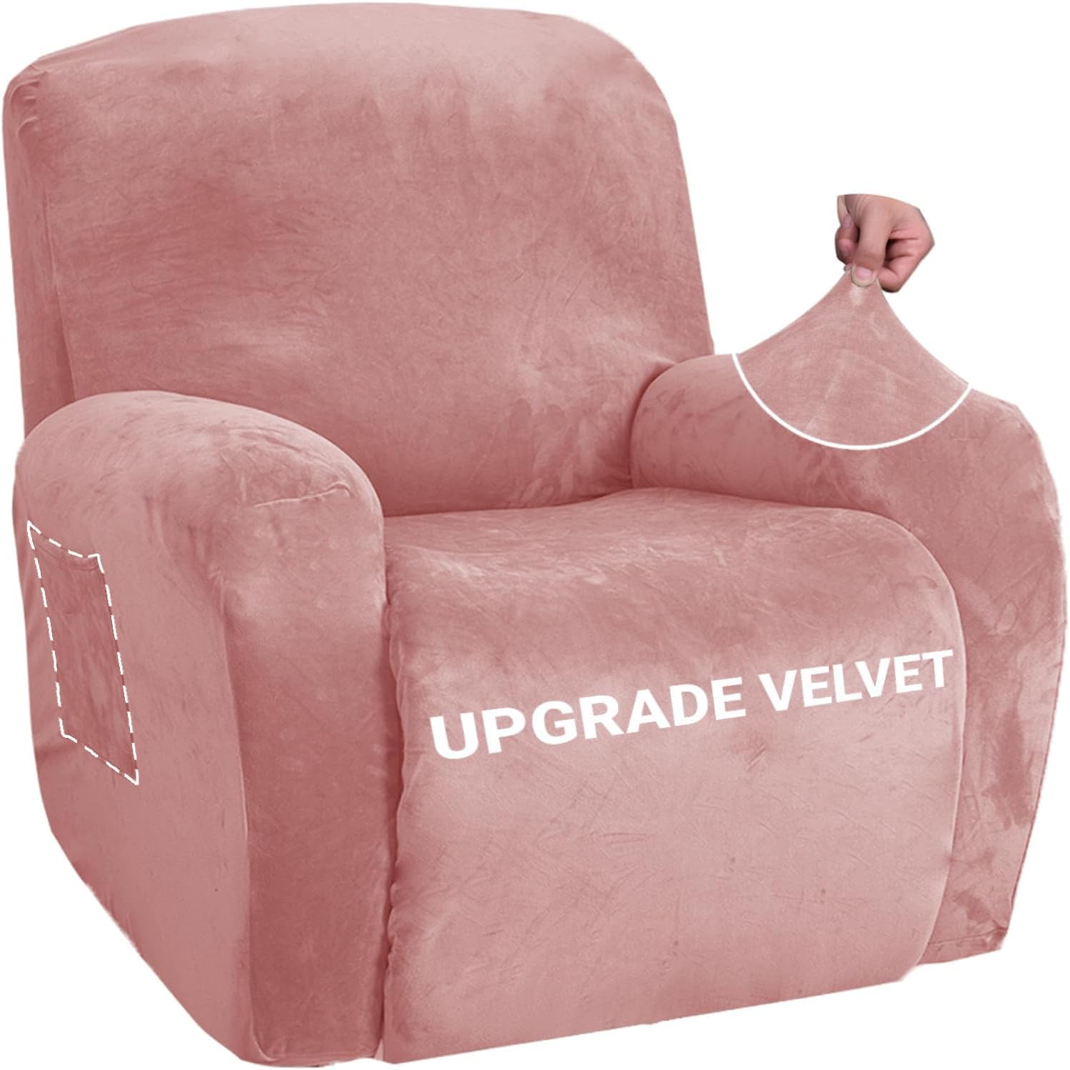 ZNSAYOTX Stretch Velvet Recliner Covers 4-Pieces, Thicker Soft Plush Recliner Chair Slipcover with Side Pockets, Washable Luxury Dog Cat Pets Proof Reclining Protector (Recliner, Rose)