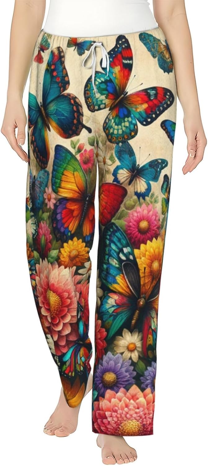 Women'S Flowers-Butterfly-Retro Fleece Pajama Pants, Cozy Flannel Lounge Bottoms For Women