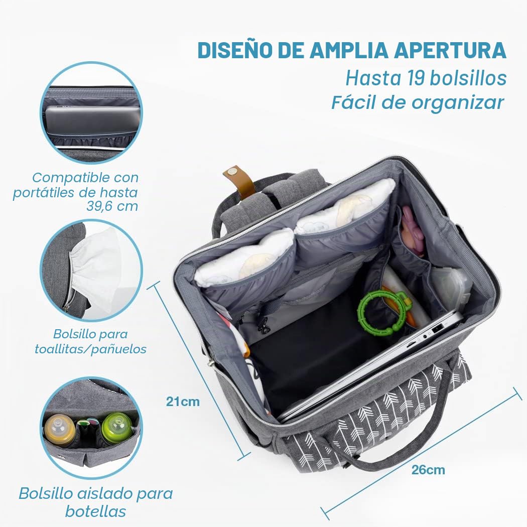 Lekebaby Mochila para cambiador de bebé con colchón de borde, impermeable, diseño de flecha, color gris