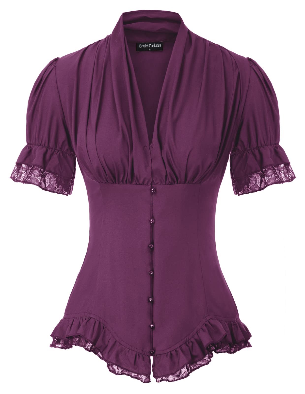 Scarlet Darkness Damen-Bluse, Kurzarm, Viktorianischer Stil, elegant, Schößchen, Oberteil mit Schnürung | Ideal für Ren-Faire, Piratenfest, Büro, Business, Alltag. V-Ausschnitt, Button-Down, Schnürung hinten, Spitzen-Patchwork