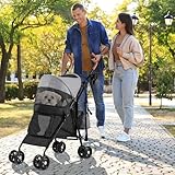 YITAHOME Haustierbuggy für kleine bis mittelgroße Hunde, 4-Rad-Hundebuggy mit Schultergurten, faltbarer Haustier-Reisewagen mit Getränkehalter und Aufbewahrungstasche (Grau Schwarz)