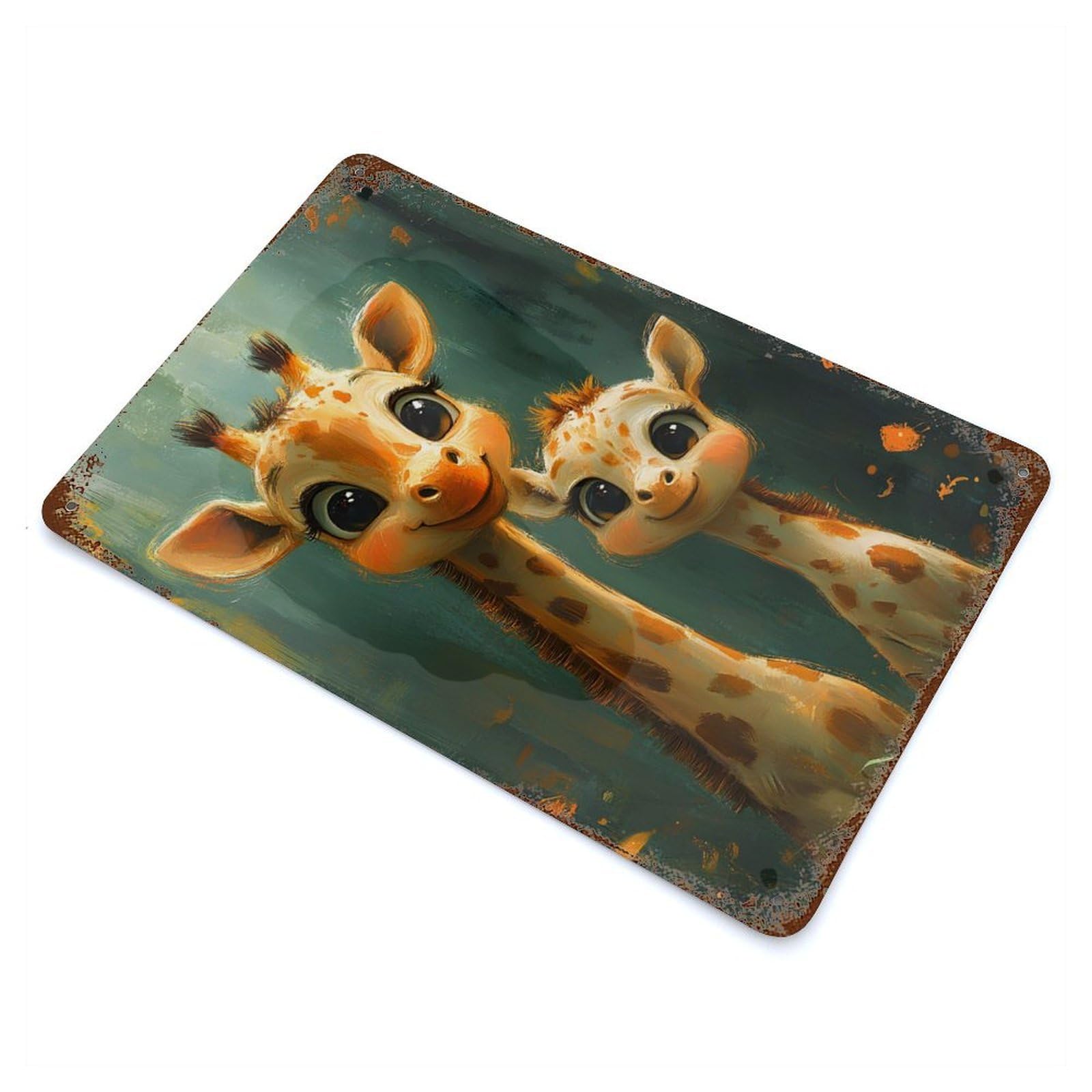Cute Giraffe Family 11.8"x7.9" Rustic Tin Plaque, Farmhouse Wall Decor for Basement, Hobby Room And Garage Decor