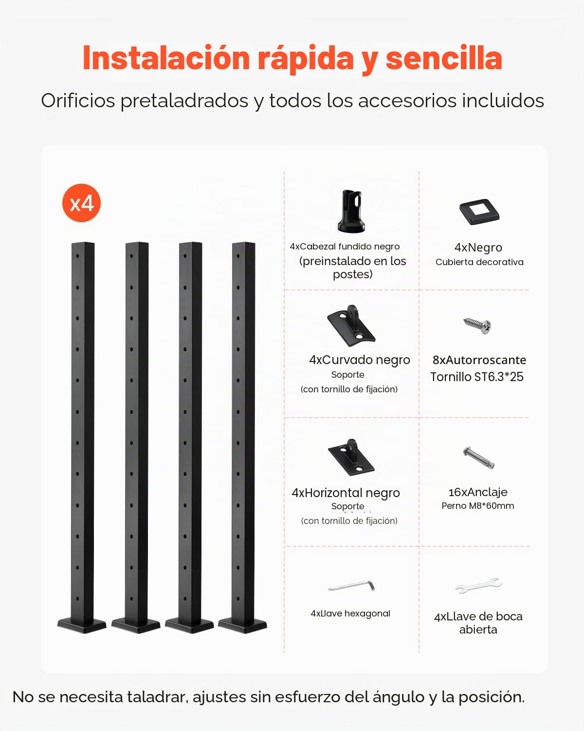 VEVOR Poste de Barandilla de Cable, 4 PCS Postes de Barandilla 106,7 x 5 x 5 cm Poste de Riel de Cable de Acero Inoxidable SUS304 con Soporte Horizontal y Curvo, Negro, 4JZLGZXHS106URZU0001V0