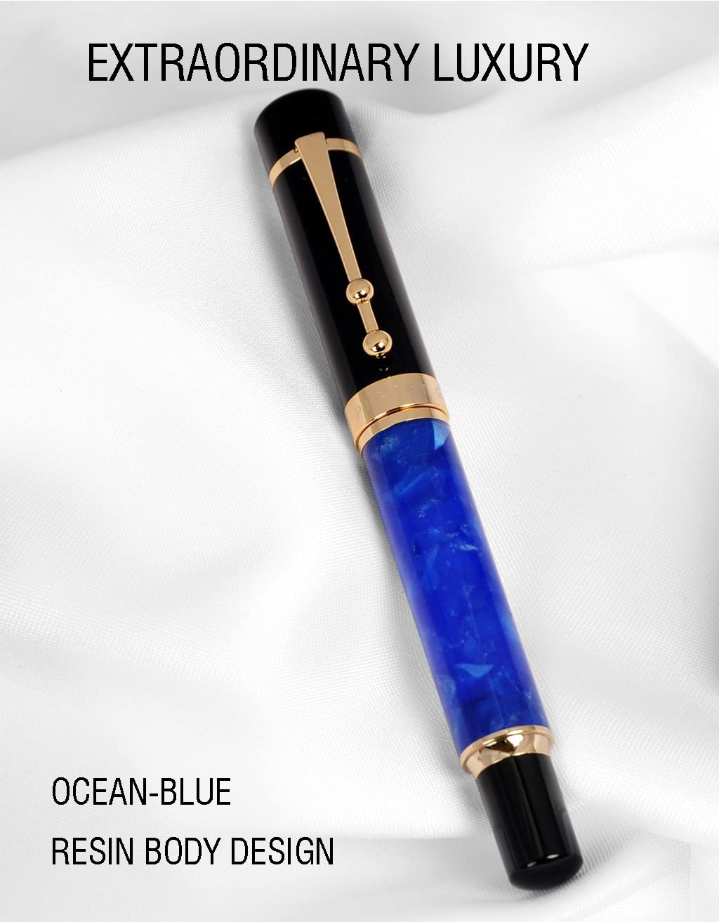 Piguet Genève – Stylo plume de luxe et ergonomiques – Série Taurus – Plume M allemande, finitions dorées – Dans un coffret cadeau avec recharge universelle et convertisseur (Stylo Plume, Océan Bleu)