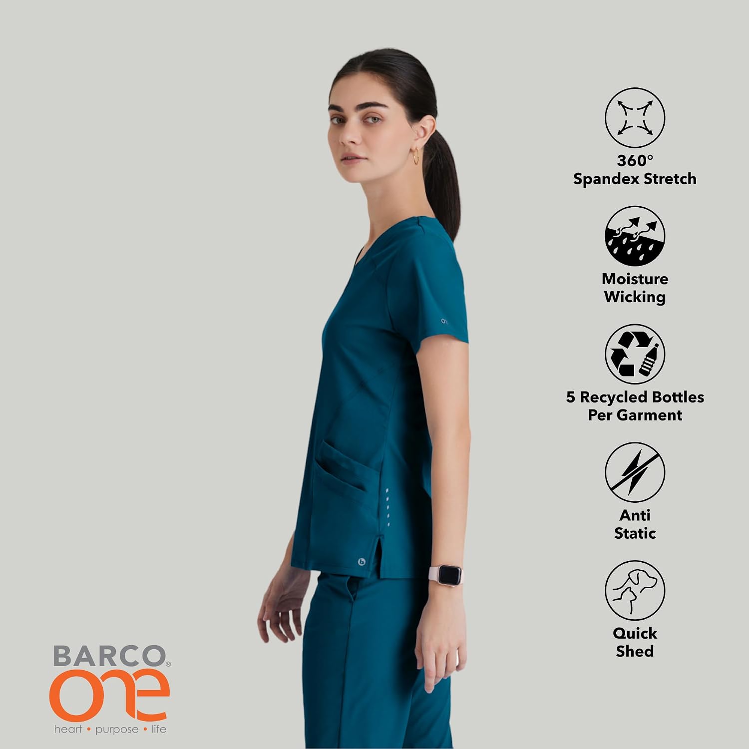 BARCO ONE Women's Pulse Scrub Top, Sporty V-Neck Medical Top w/ 4-Way Stretch & 5 Pockets