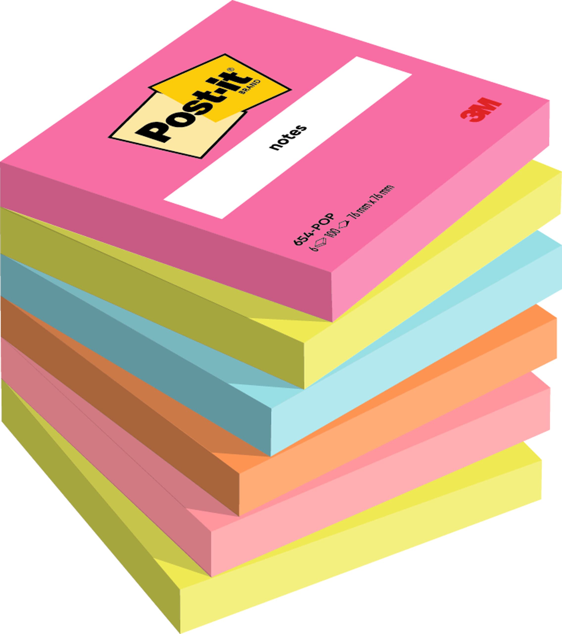 Post-​it Notes Autocollantes, Couleurs Poptimistic, Pack de 6 Blocs, 100 Feuilles par Bloc, 76 mm x 76 mm, Rose, Vert, Bleu, Orange - Feuillets Adhésifs pour Prise de Notes, Listes de Tâches et Rappels