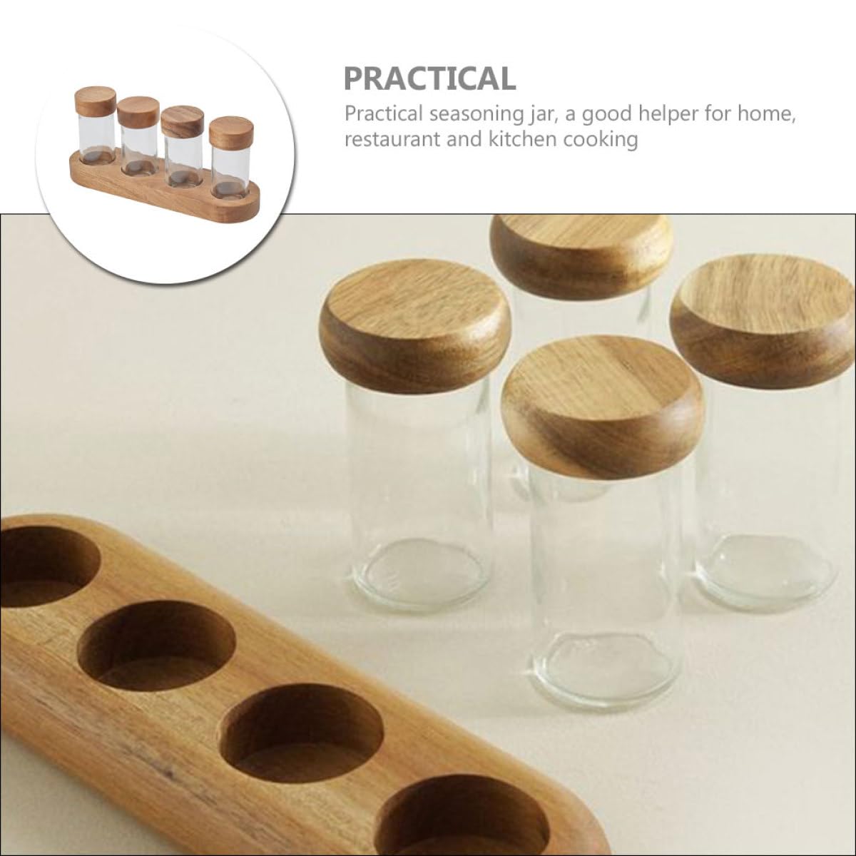 UKCOCO Set 4 Barattoli di Vetro con Coperchio in Legno di Acacia 90ml con Vassoio Porta Spezie per Cucina, Contenitori per Condimenti Trasparenti Salvaspazio per Uso Domestico e Barbecue