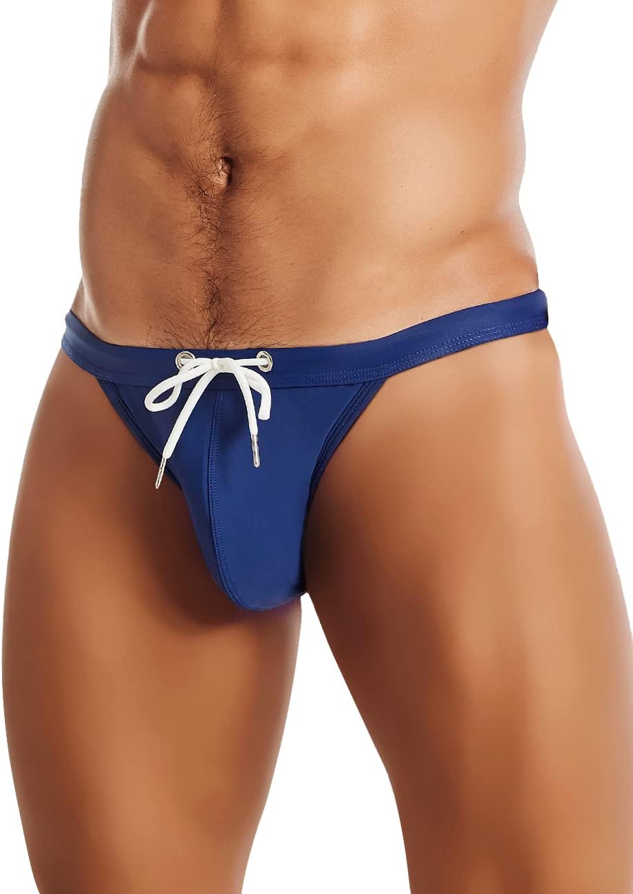 Men's Sexy Low Rise Swimsuits Bikini Swimming Briefs Swimwear with Adjustable Drawstring