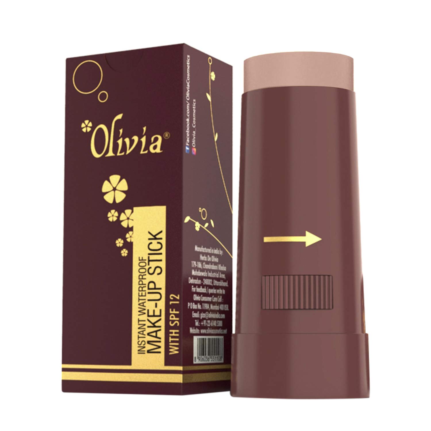 Olivia Instant Waterproof Makeup Stick with SPF 12-08 Egyptian Light | 3-in-1 Foundation, Concealer & Moisturizer | Sweatproof, Long-Lasting Base Makeup | Evens Skin Tone & Hides Blemishes