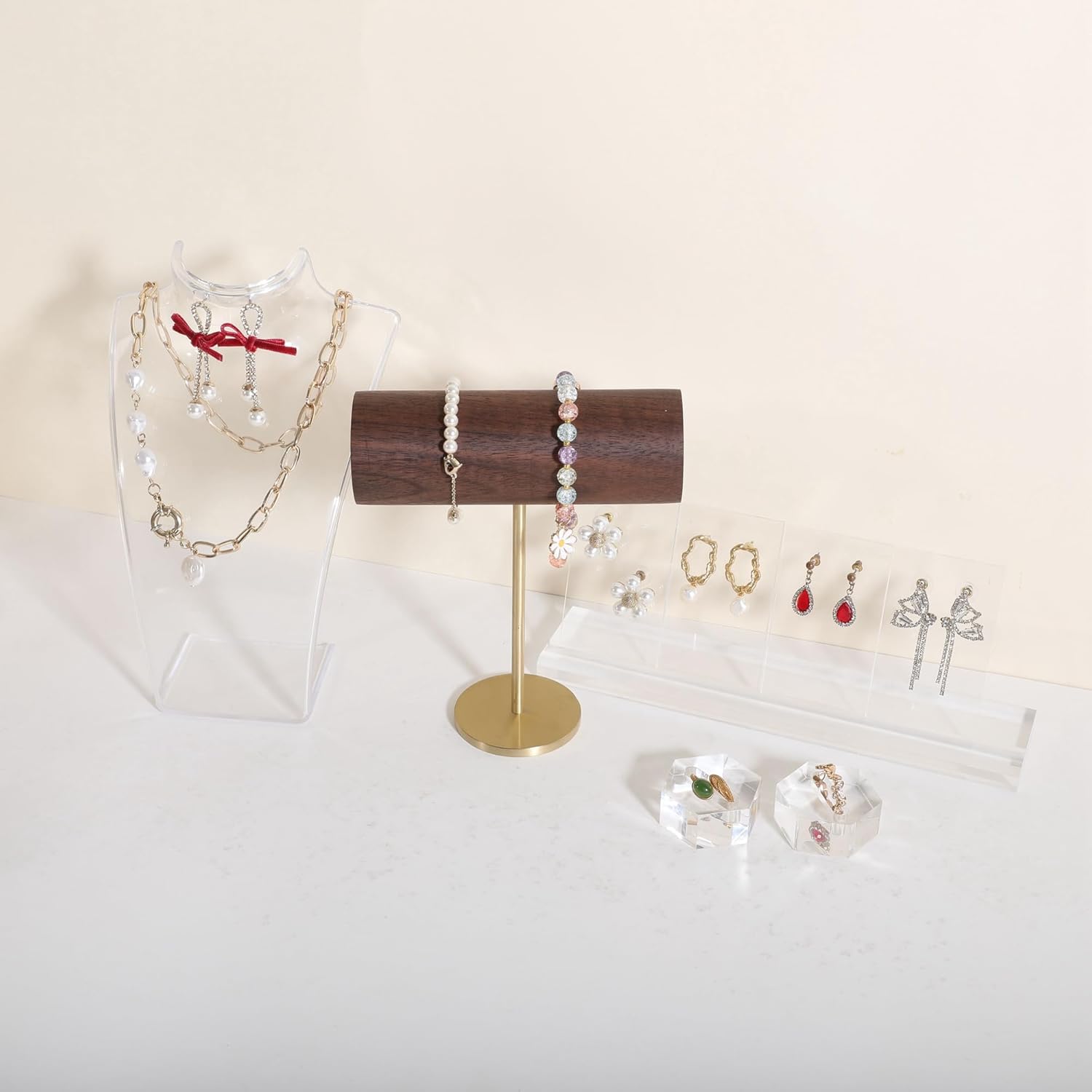GemeShou Wood bracelet rack for selling, Metal brass bracelet display stand, Walnut bracelet holder organizer, Bangle Jewelry organizer T bar stand【Walnut Brass Bracelet Holder-Low】