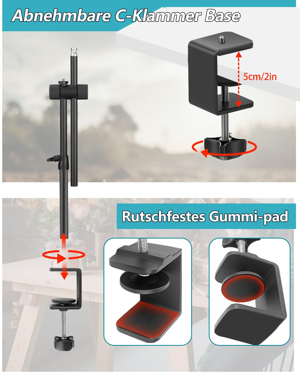 OS01 Tischstativ Overhead Stativ Handy, 32.5-55cm Einstellbar Kamera Halterung für Klein Kamera, klemmstativ mit Flexible Arm & 1/4" Kugelkopf für Webcam, Ringlicht, Live Streaming