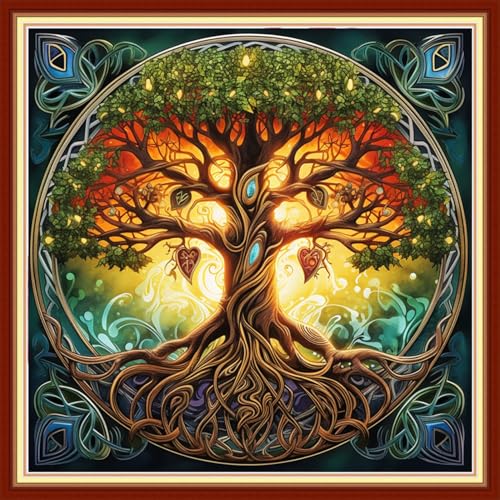 Image of Joyhoor Stamped Cross Stitch Kits for Beginners, Needlepoint Kits for Adults, 11CT Counted Embroidery Kits-Magic Tree 18x18 inchs
