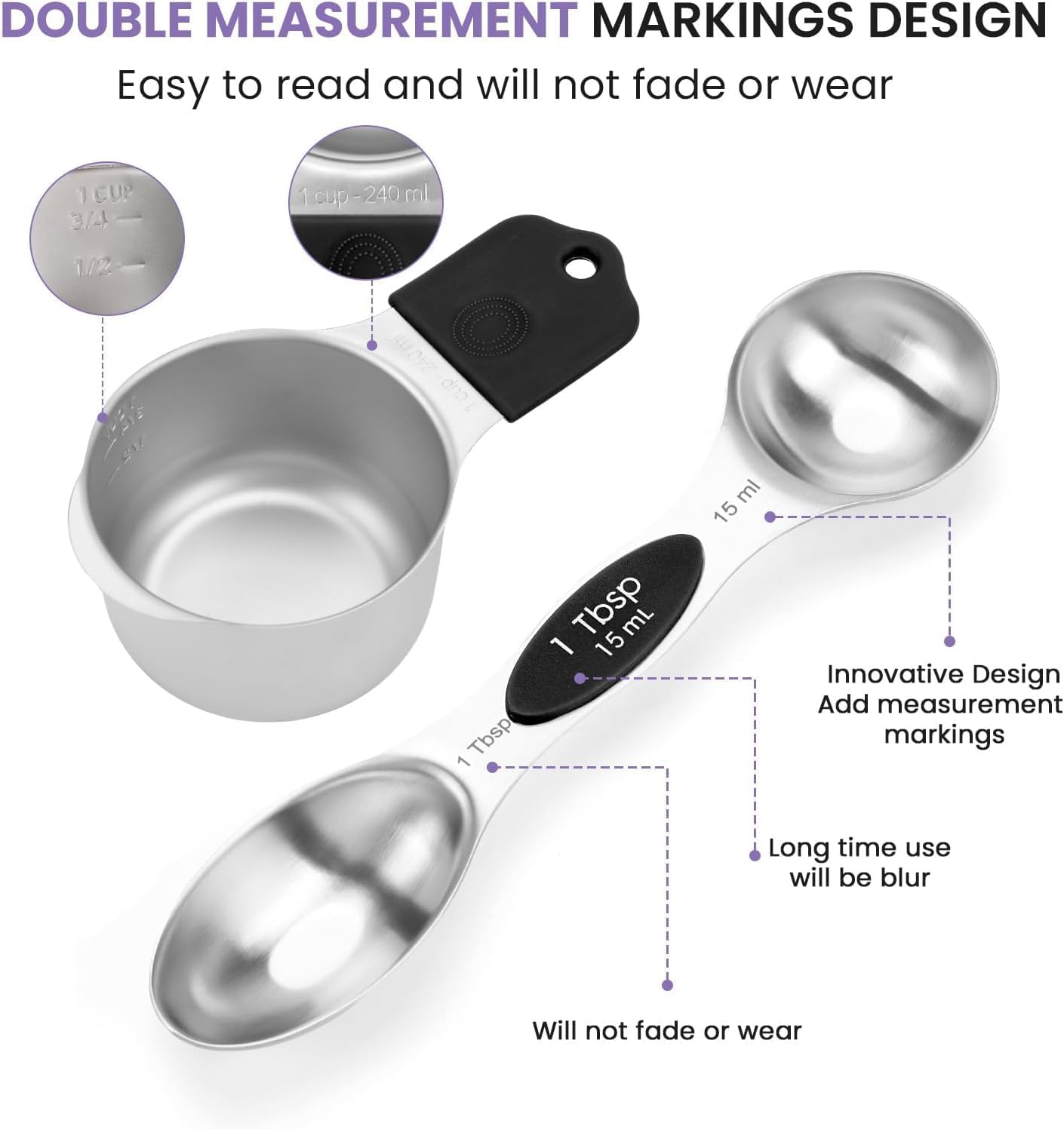 Magnetic Measuring Cups and Spoons Set, N52 Magnetic Nesting Design magnetic spoons, 304 Stainless Steel measuring cups, Dual-sided Design Set of 15 with Leveler for Dry & Liquid Ingredients Black