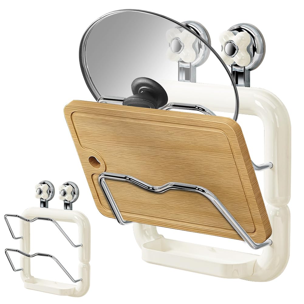 Topfdeckelhalter 2-stöckig ABS Edelstahl Saugnapf bohrfrei Wand Schranktür | Bohrfreie Saugbefestigung, bis 5kg belastbar, lagert Deckel, Bretter platzsparend an Wand/Schrank