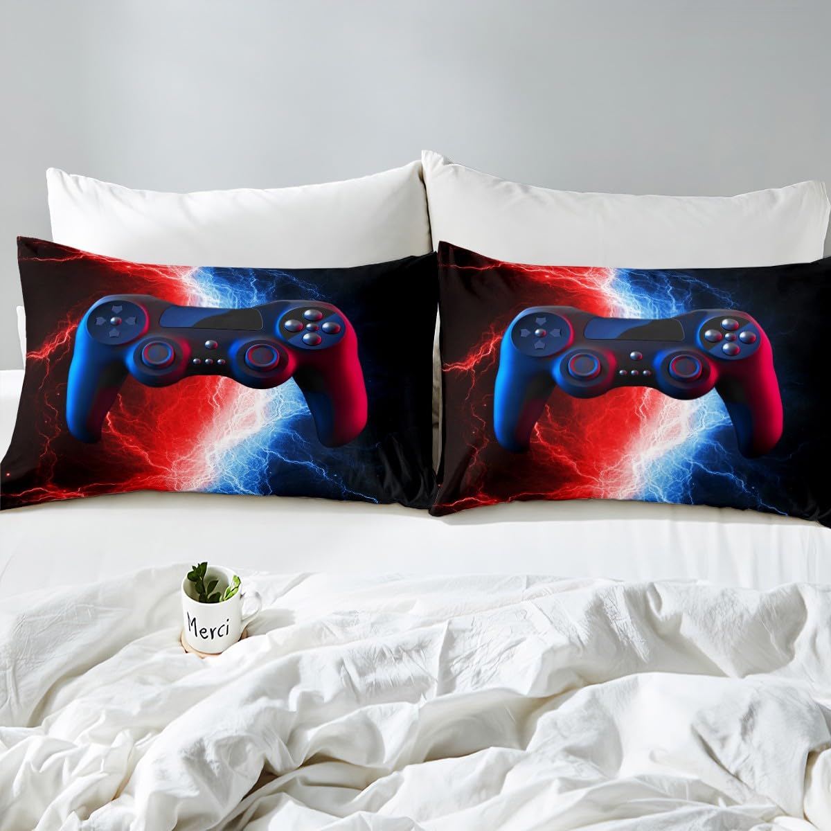 Juego de ropa de cama para niños, juego de cama para juegos de vídeo, juego de ropa de cama para chicos, hombres y adolescentes, funda nórdica de color rojo y azul, con funda de almohada, 155 x 220 cm