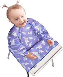 Vicloon Coverall Baby Feeding Bib Long Sleeve Baby Bib Adjustable Attach to High Chair Waterproof Bib Easy Clean Baby Bib …